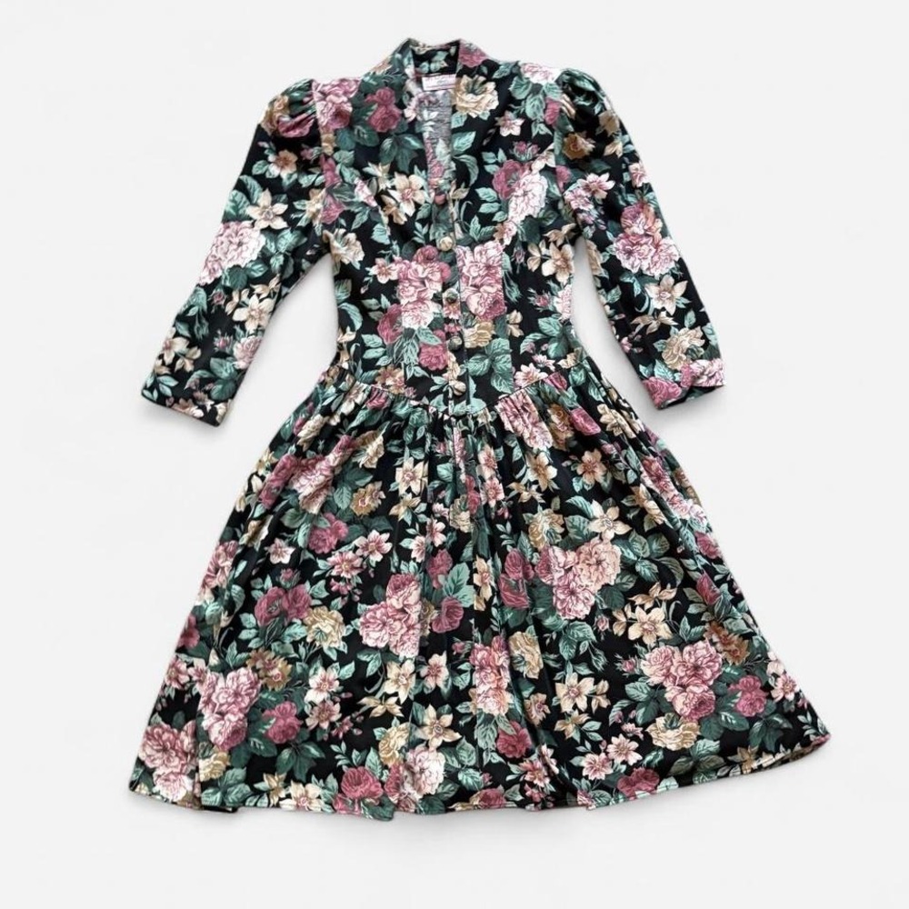 Vintage floral dress basque waist princess cottagecore Diamond's Run S 80s 90s